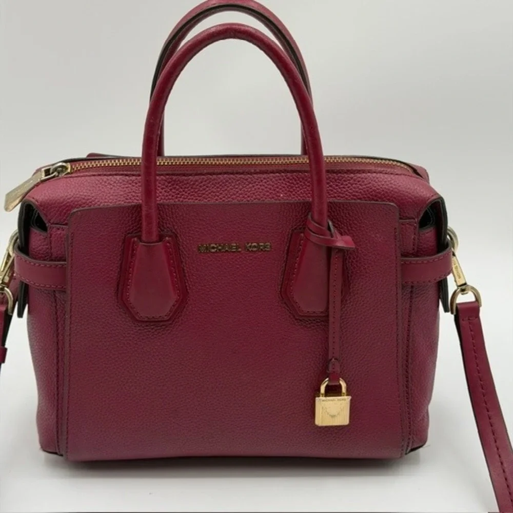 Michael Kors Mercer Satchel Merlot Pebble Leather Gold Hardware Crossbody Bag